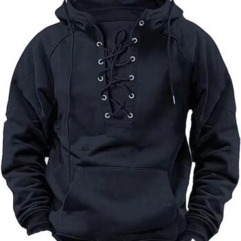 Mens Tactical Sweatshirts Lace Up Hooded Pullover Long Sleeve Cargo Workout Hoodies with Pocket