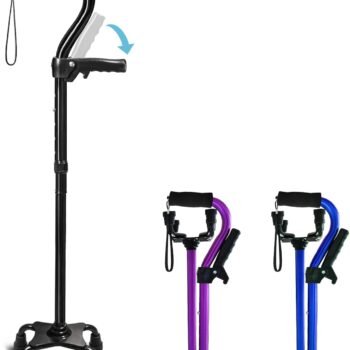 Adjustable Walking Cane for Men & Women with 4-Pronged Ba for Extra Stability - Foldable Cane for niors with Foam Padded Offt Handle for Soft Grip & a cond Handle for Standing Black