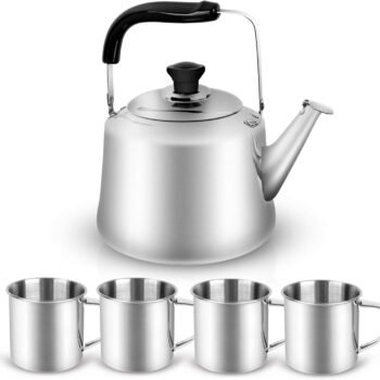 4 Liter Camping Kettle Set with 4 Cups, Durable Stainless Steel Camping Tea Coffee Water Kettle with 4 Mugs for Hiking, ing, Camping and Picnics, Including Carrying Bag