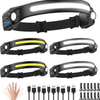 5-pack rechargeable headlamp, 230° wide beam headlamp with 2 spotlights,  headlamp with motion sensor, 5 modes rechargeable headlamp, forehead light, adult headlamp, running helmet