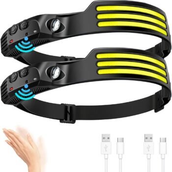 Headlamp Rechargeable (2pcs), 230° Wide Beam Headlamp with Motion Sensor, Waterproof Headlamp Flashlight for Hiking, Running, Repairing, Fishing Cycling (Black 4)