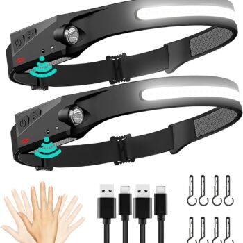 FBKK Rechargeable  Headlamp 2 Pack, 230°Wide Beam Head Lamp with Motion Sensor, Waterproof Lightweight Headlight Flashlight for Camping, Hiking, Running, for Adults and Kids