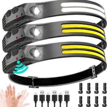 Headlamp Rechargeable 3pcs - 230° Super Bright Forehead Lamp, Adult Hard Hat Light, Headband Flashlight for Work, Hiking, Running, Camping Essential Equipment